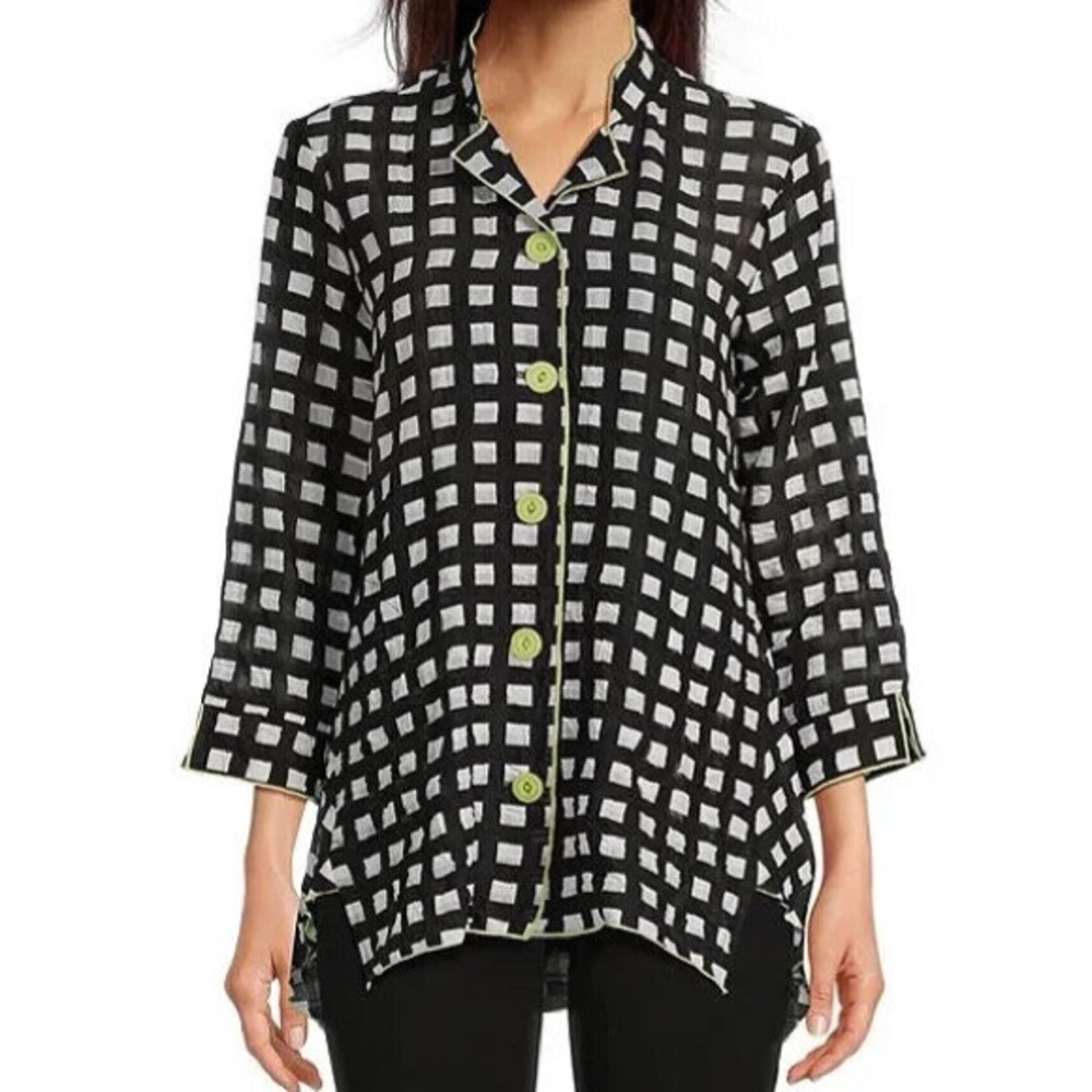 Ali Miles Jacket Blouse Top Womens 2X Check Semi Sheer Pockets Button Crinkle